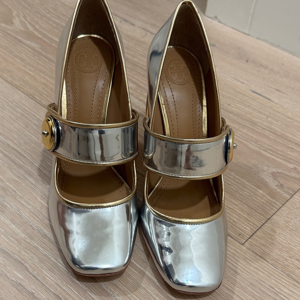 Tory Burch Metallic Silver Mary Jane Heels with Gold Trim